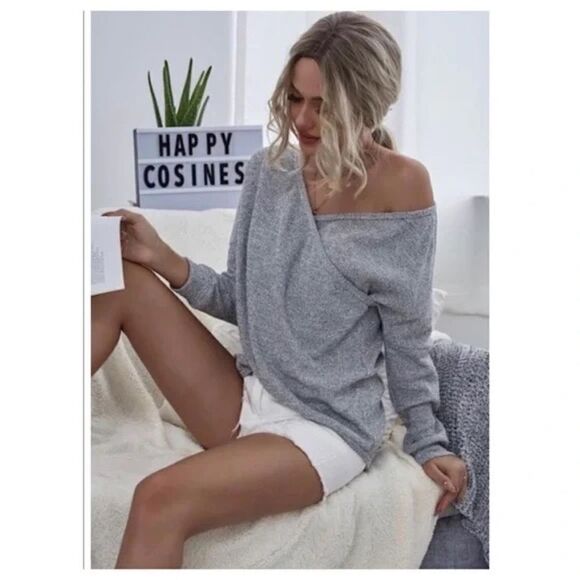 V-neck Wrap Front Top Gray - Picture 3 of 4